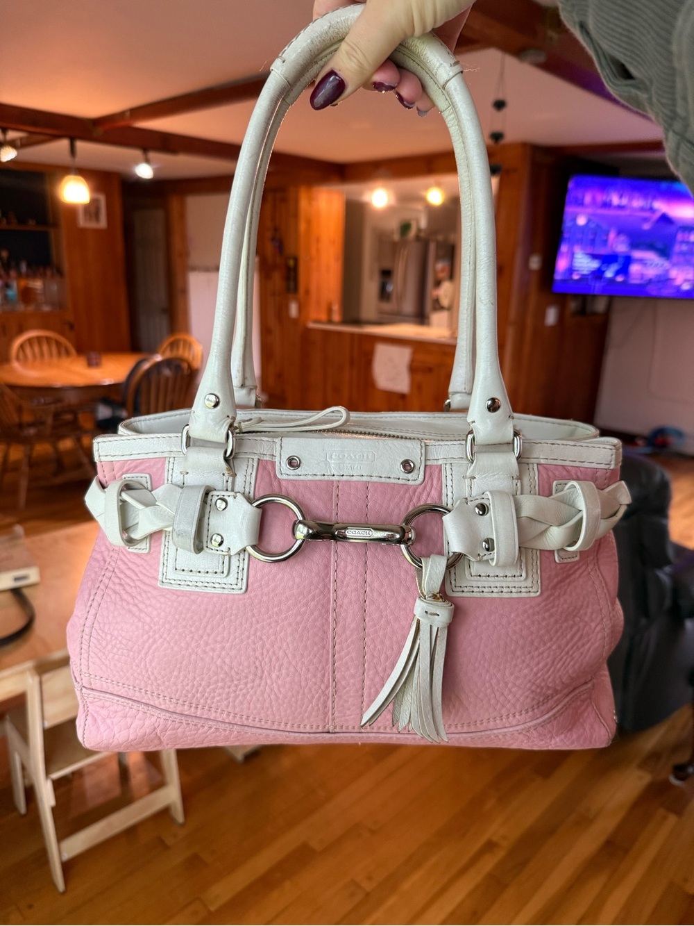 Coach Pink and White Leather Shoulder Tote with Horsebit Accent